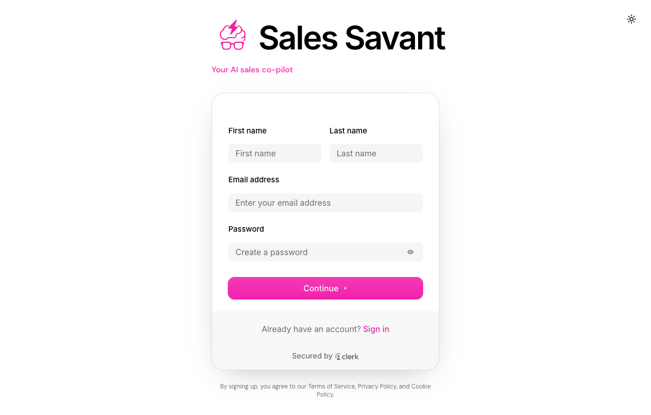 Sales Savant sign-up screen showing first name, last name, email, and password fields.