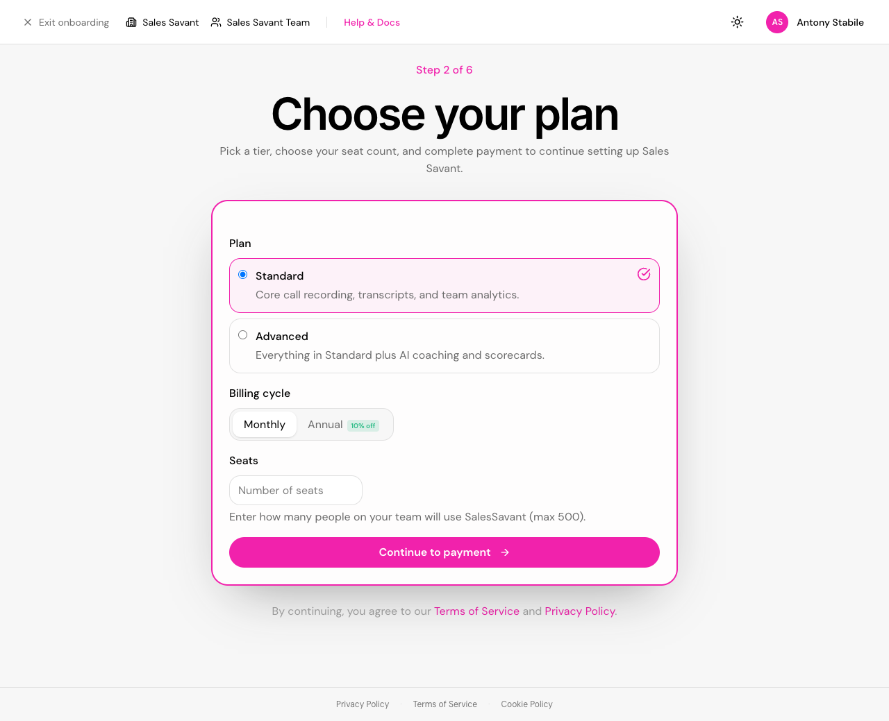 Choose your plan screen showing plan tiers and seat-count selector.