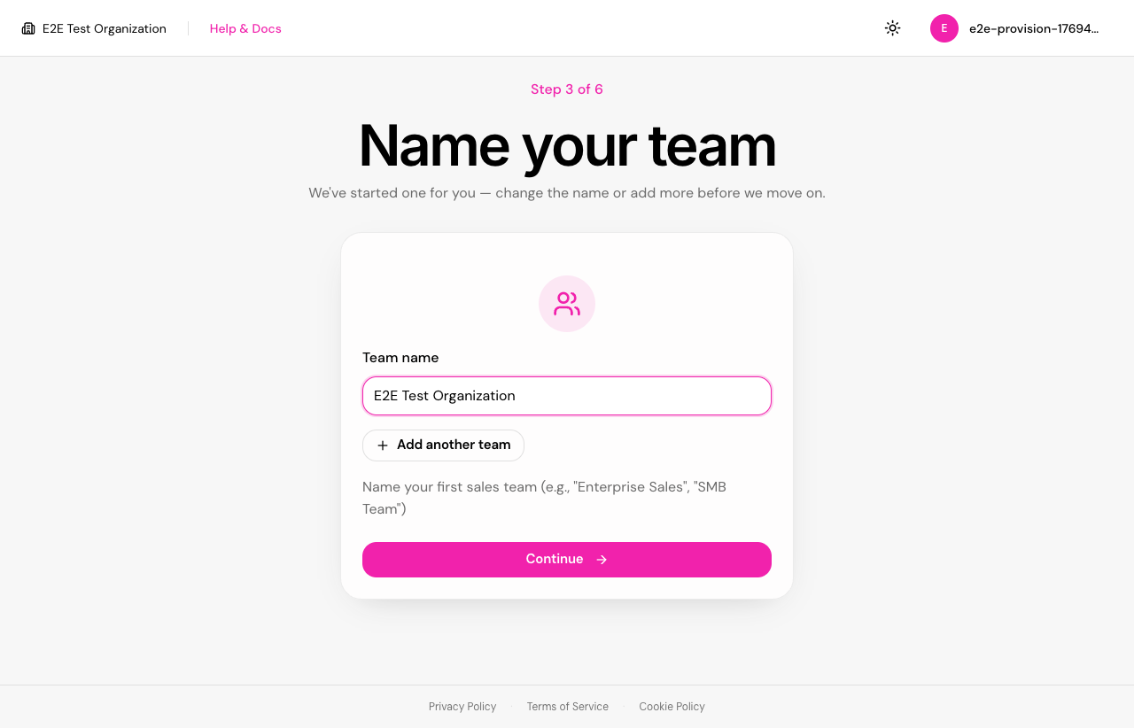 Team Setup screen with the first team pre-filled and an Add another team button.
