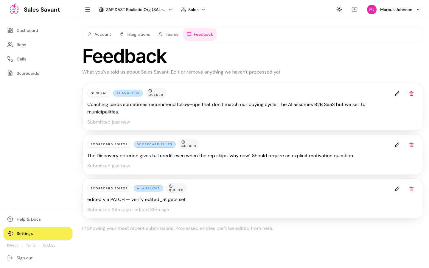 Feedback history page showing two submissions with Queued badges, source-type tags, and edit/delete affordances.
